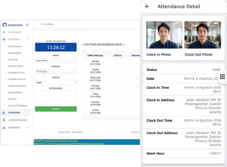 Daftar kehadiran dan detail absensi di ponsel
