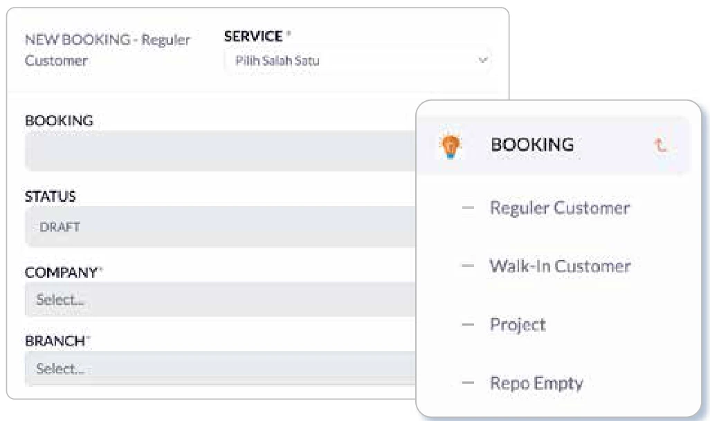 Formulir booking baru dan menu jenis booking