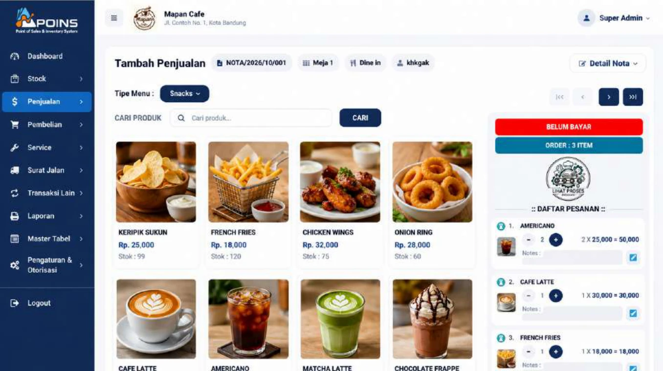 Halaman Tambah Penjualan dengan menu dan daftar pesanan di POINS