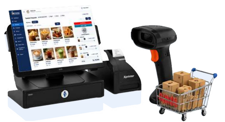 Mesin kasir POINS, printer struk, pemindai barcode, dan troli belanja