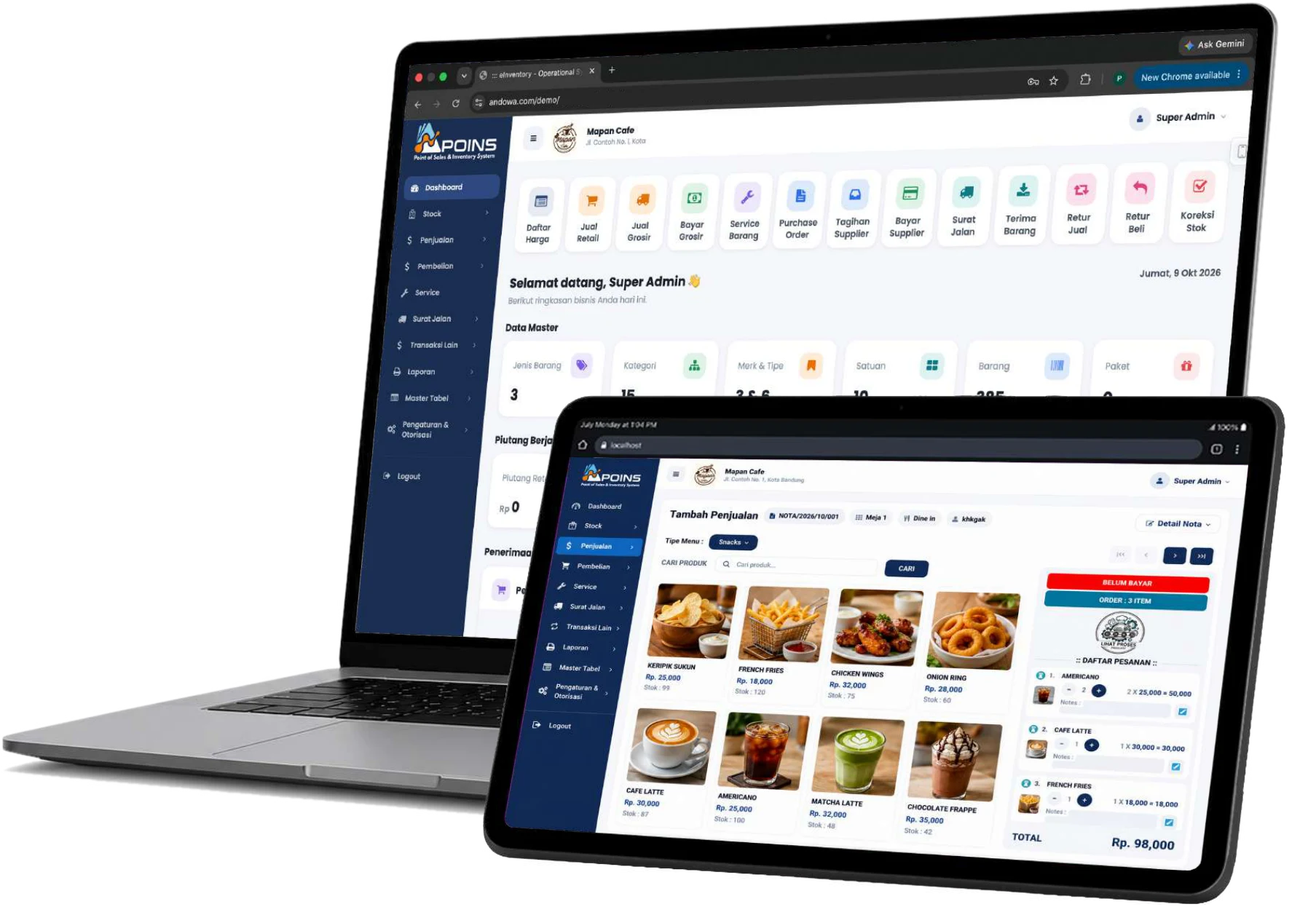 Tampilan POINS di laptop dan tablet kasir